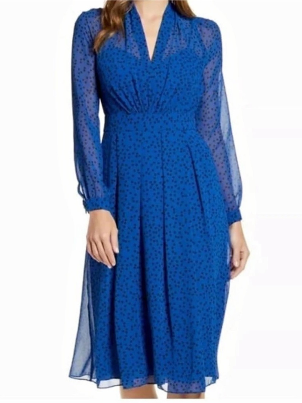 Anne Klein Polka Dot Long Sleeve Midi Dress Blue Midi Dress